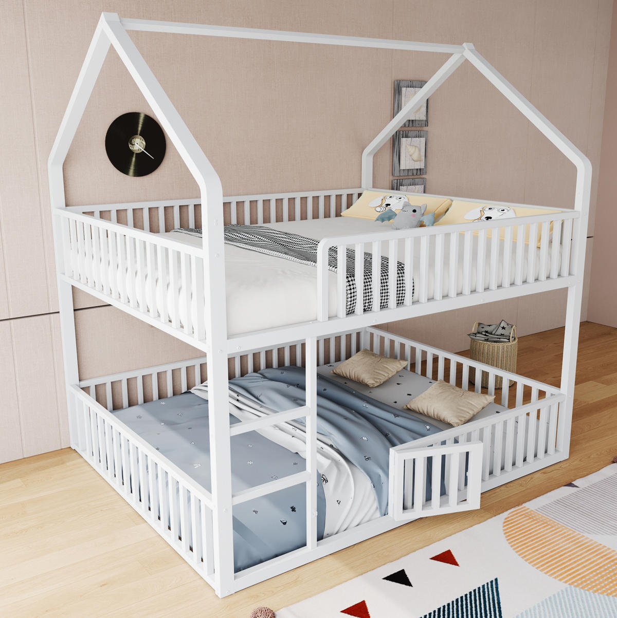 HAUSBETT 140/200 cm aus Metall in Weiß mit Hausrahmen und Treppe - Weiß, Metall (140/200cm) - BEAOK