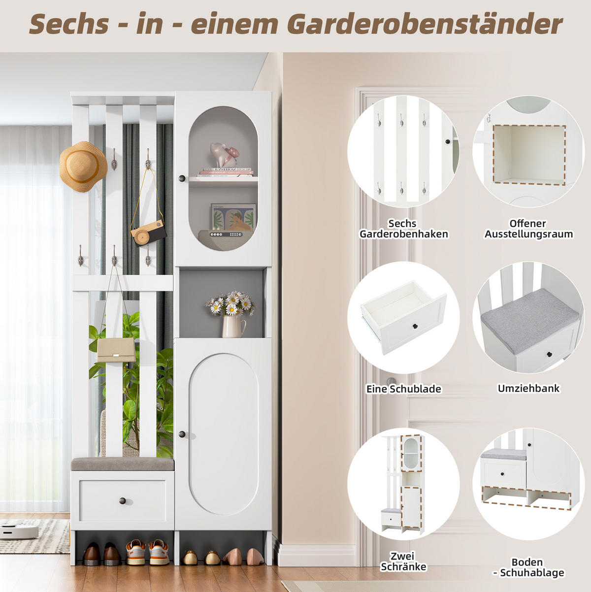 KOMPAKTGARDEROBE 85/33,5/200 cm aus Spanplatte mit gehärtetem Glas und Schuhbank Weiß - Weiß, Holzwerkstoff (33.5/200/85cm) - Modenvie