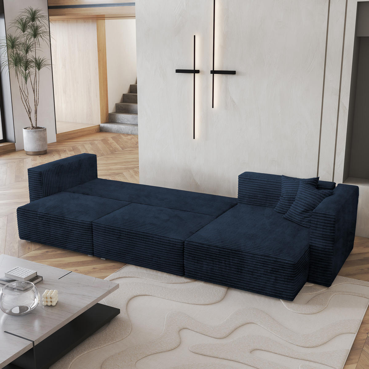 ECKSOFA TOLMO Blau Kordstoff mit Schlaffunktion - Blau, Holz (347/148cm) - MASSENO