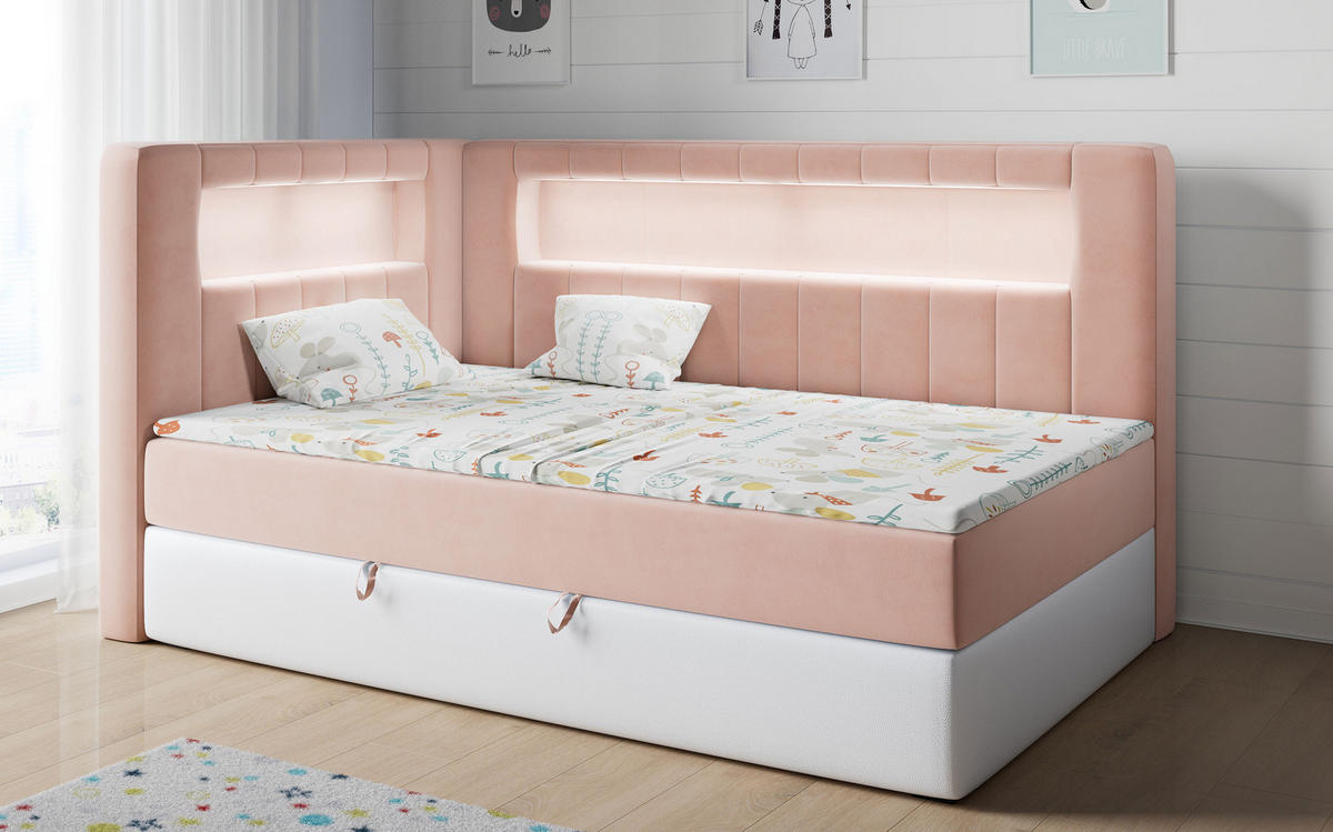 BOXSPRINGBETT JUNIOR GOLD 3 90/200 Rosa/Weiß - linke Seite - Rosa/Weiß, Holz/Textil (90/200cm) - MKS