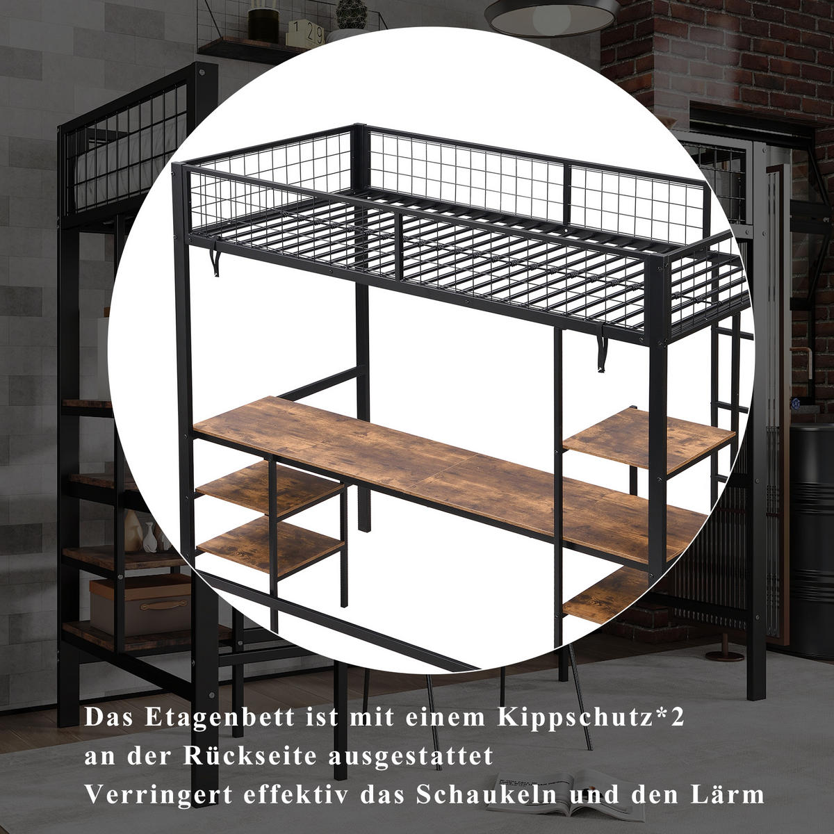 ETAGENBETT 90/200 cm in Schwarz & Dunkler Holzfarbe mit Tisch und Regal - Schwarz, Holzwerkstoff/Metall (90/200cm) - WISHDOR