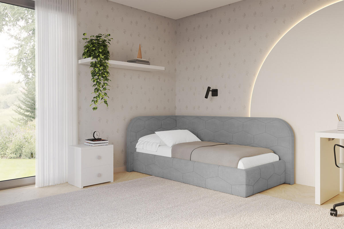 EINZELLBETT Jugendbett mit Bettkasten und Matratze H3/H4, Rechts - JAXY 90x200 Grau - Silberfarben, Holzwerkstoff/Textil (90/200cm) - ALTDECOR