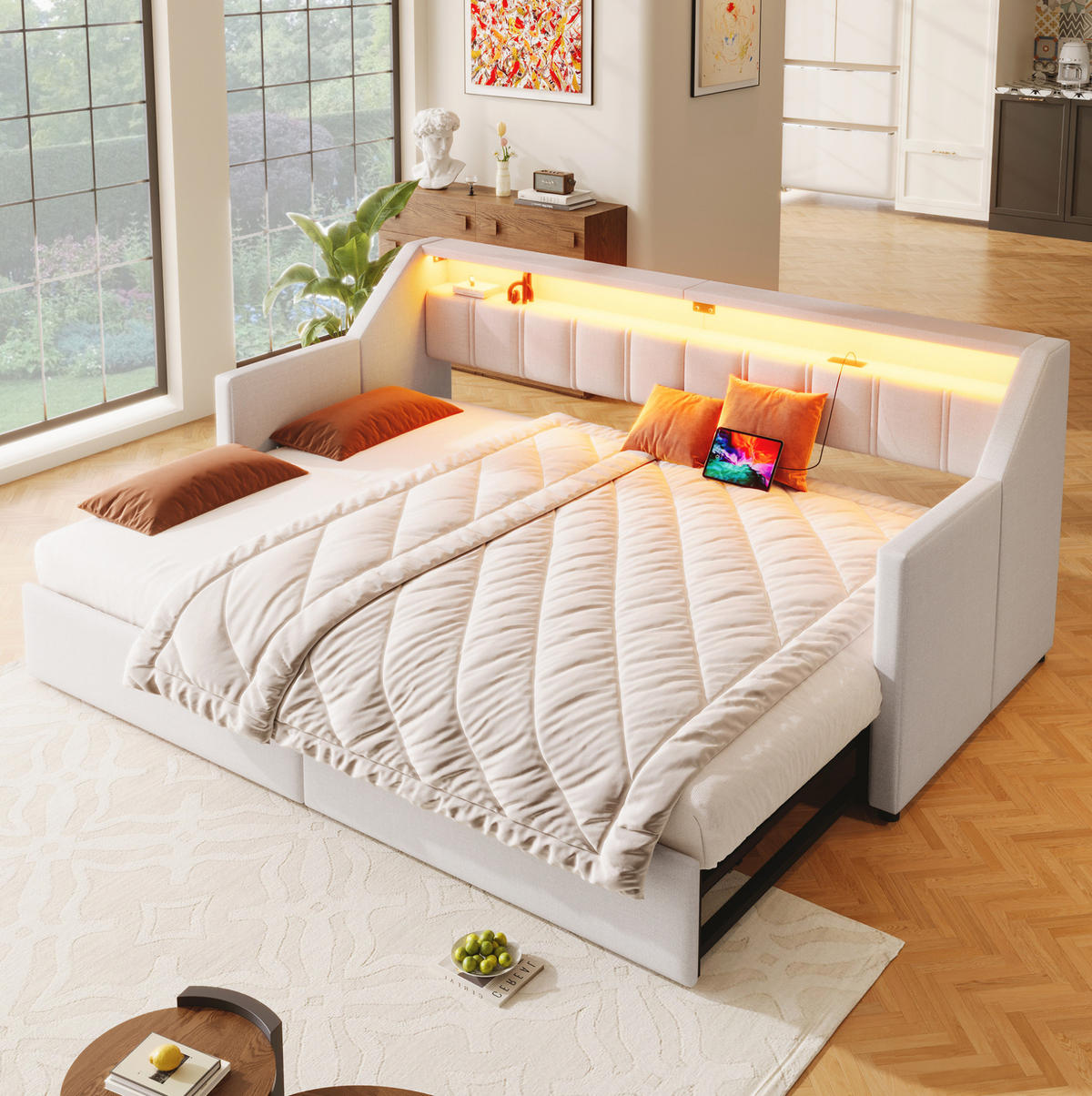 BETT 90/200 cm Beige aus Leinen mit USB, Typ-C und LED-Leiste - Beige, Textil (90/200cm) - OKMYHOME