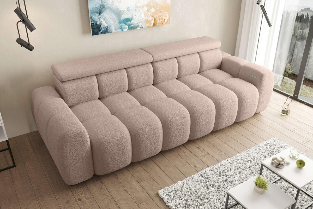 BIGSOFA ALESSIO Bouclé-Stoff Rosa mit elektrischer Sitztiefenverstellung - Rosa, Kunststoff/Textil (248/77/108cm) - 99rooms