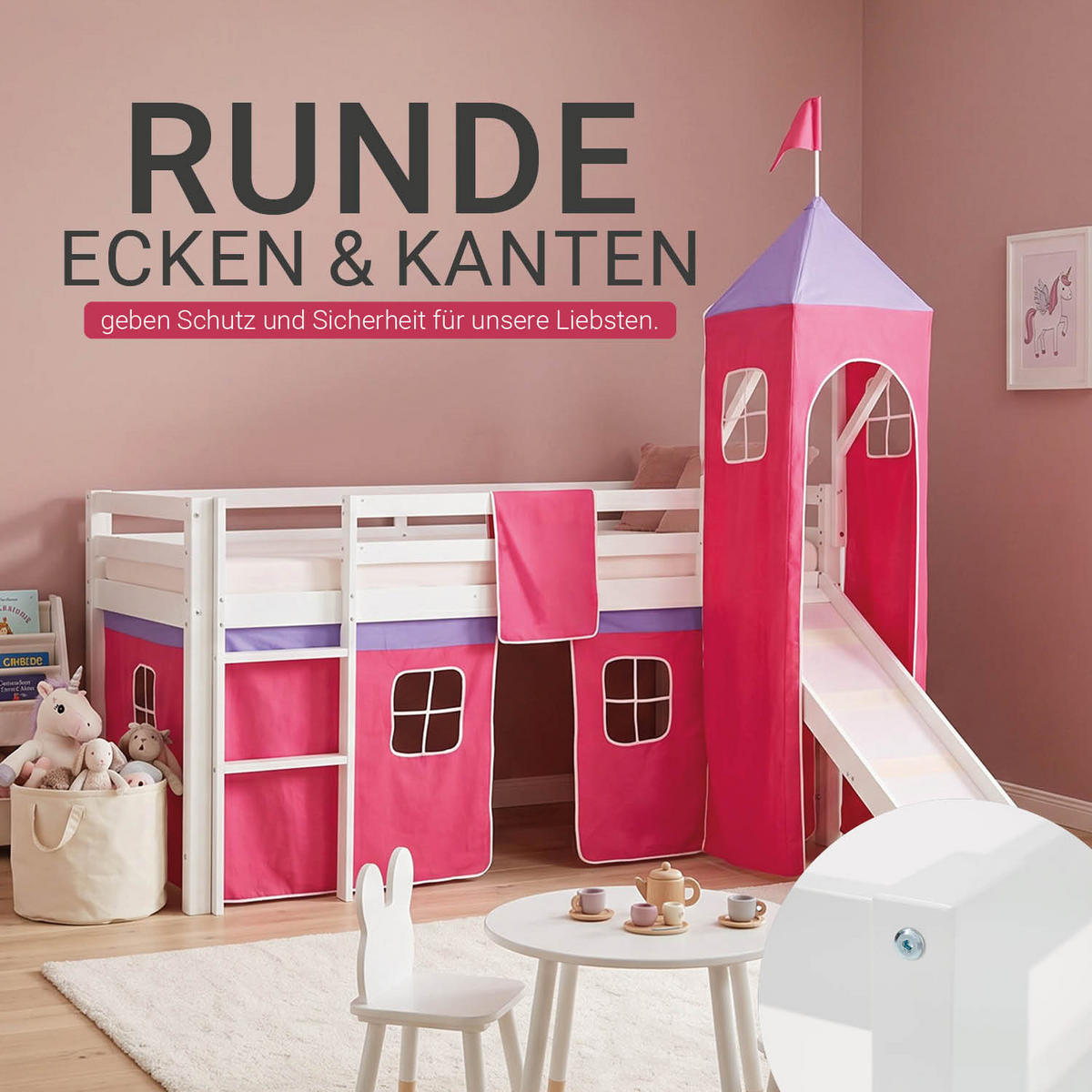 HOCHBETT 90/200 cm mit Lattenrost + Matratze - Pink/Weiß, Holz - Homestyle4u