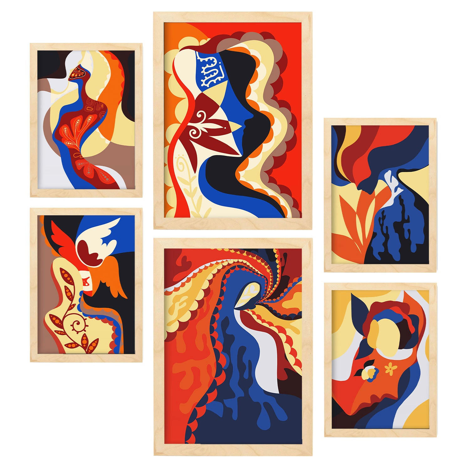 POSTER Set Mit 6 Verlockender Charme In Weibliche Zusammenfassung Ästhetische Dekorative Gemälde Für Ihr Zuhause A3 & A4 Rahmen Aus Hellem Holz - Beige, Papier (29/3cm) - Nacnic