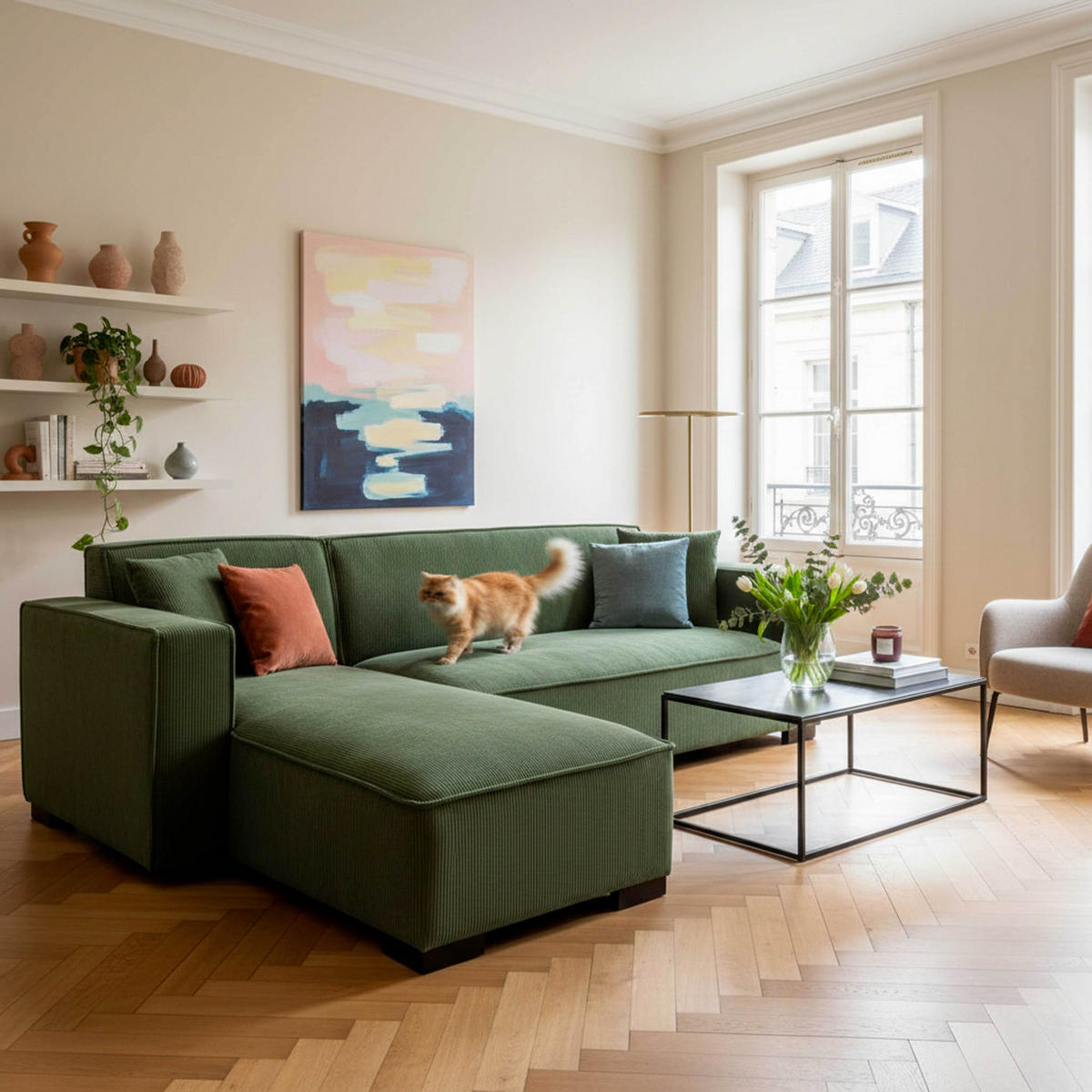 SOFA 3-Sitzer, Khakigrün - Grün, Textil (160/247cm) - Oviala