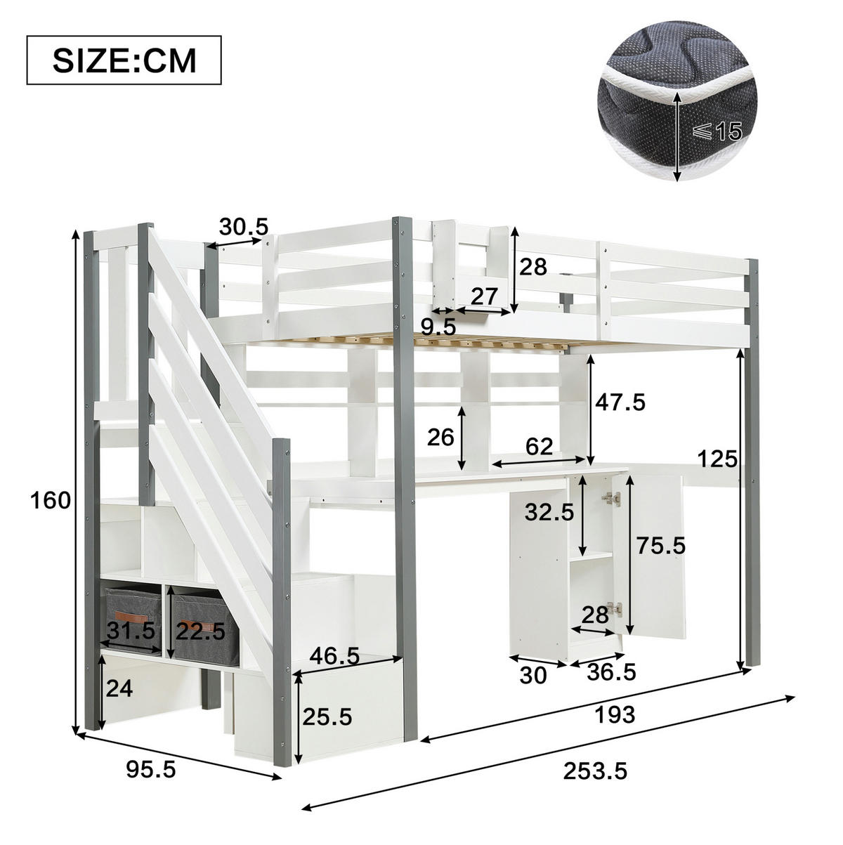 HOCHBETT 90/200 cm Weiß/Grau mit Schreibtisch und Stauraum - Weiß, Holz (90/200cm) - Flora Grace