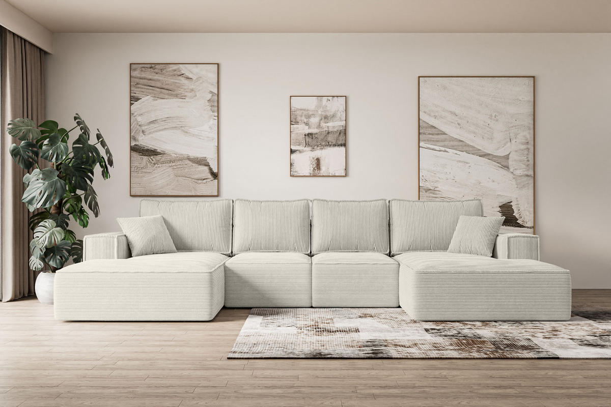 WOHNLANDSCHAFT mit Schlaffunktion und Bettkasten SIERRA-U-S - 349x161x87 cm Hellgrau Cord - Hellgrau/Schwarz, Holzwerkstoff/Kunststoff (349/87/161cm) - ALTDECOR