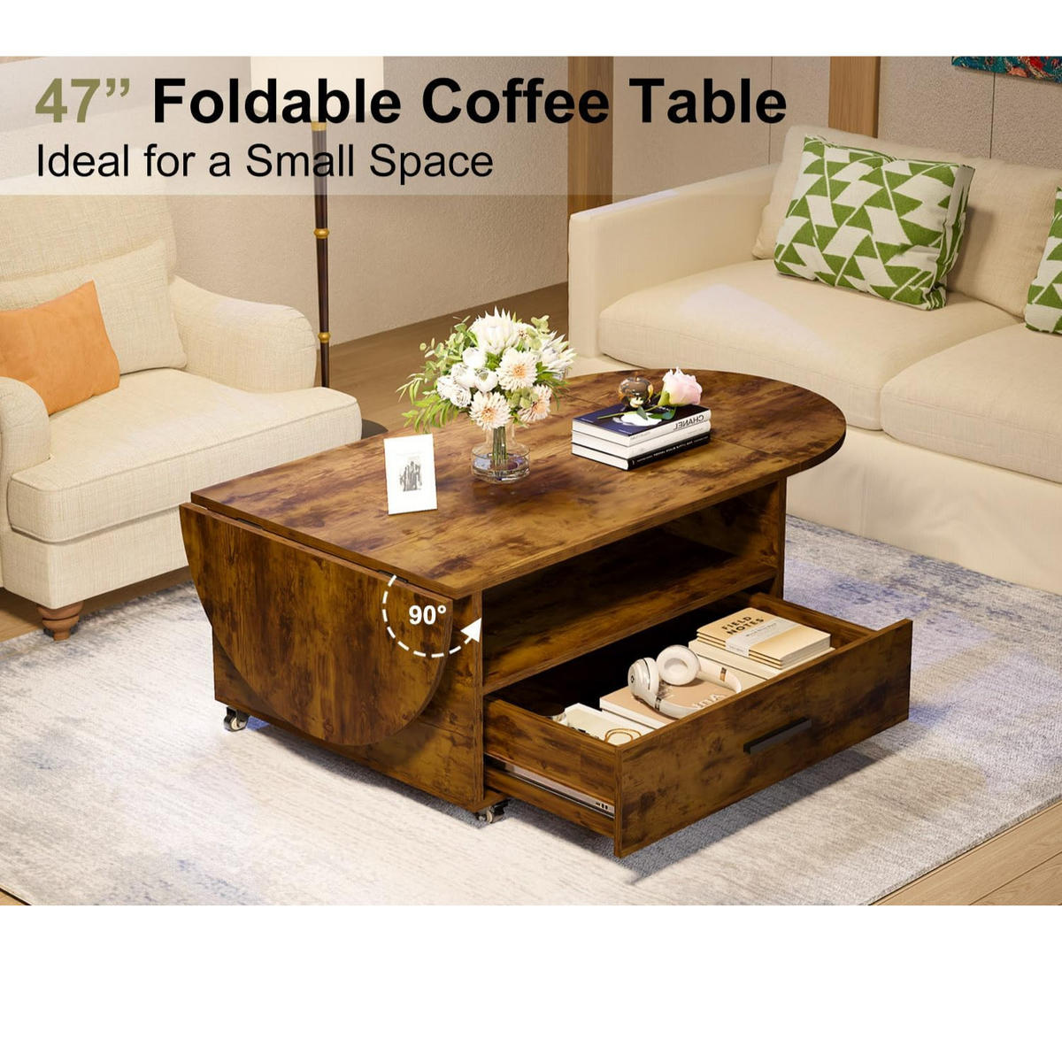 COUCHTISCH Wohnzimmertisch mit Stauraum 120 x 60 x 45 cm Klappplatte - Wildeiche, Holzwerkstoff/Metall (120/120/45cm) - Quality Elegance