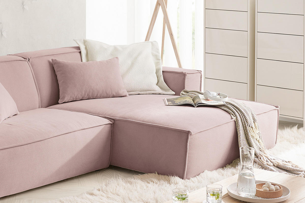 ECKSOFA SAMU Pink Cord - Pink/Schwarz, Textil (276/168cm) - KAWOLA