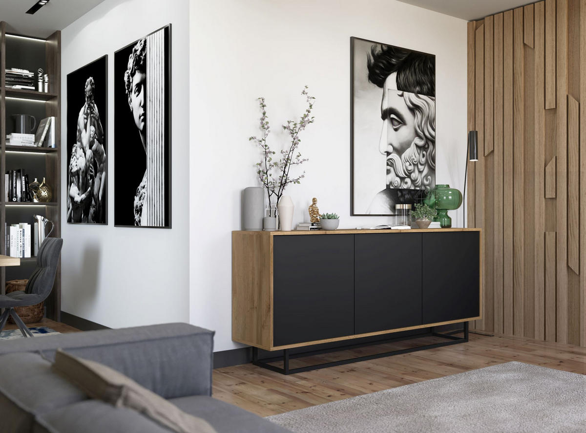 KOMMODE Apollo 3D Eiche wotan Schwarz Matt 168 cm - Schwarz, Holzwerkstoff/Metall (168/72/35cm) - Meble Lindner