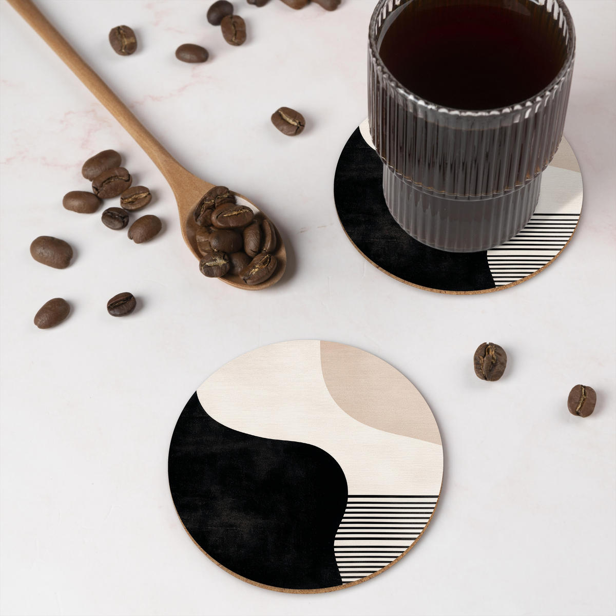 GLASUNTERSETZER 6er-Set Rund Abstrakt - Japandi - Beige - Modern 10x10 cm - Schwarz, Naturmaterialien (10/0.2cm) - MuchoWow