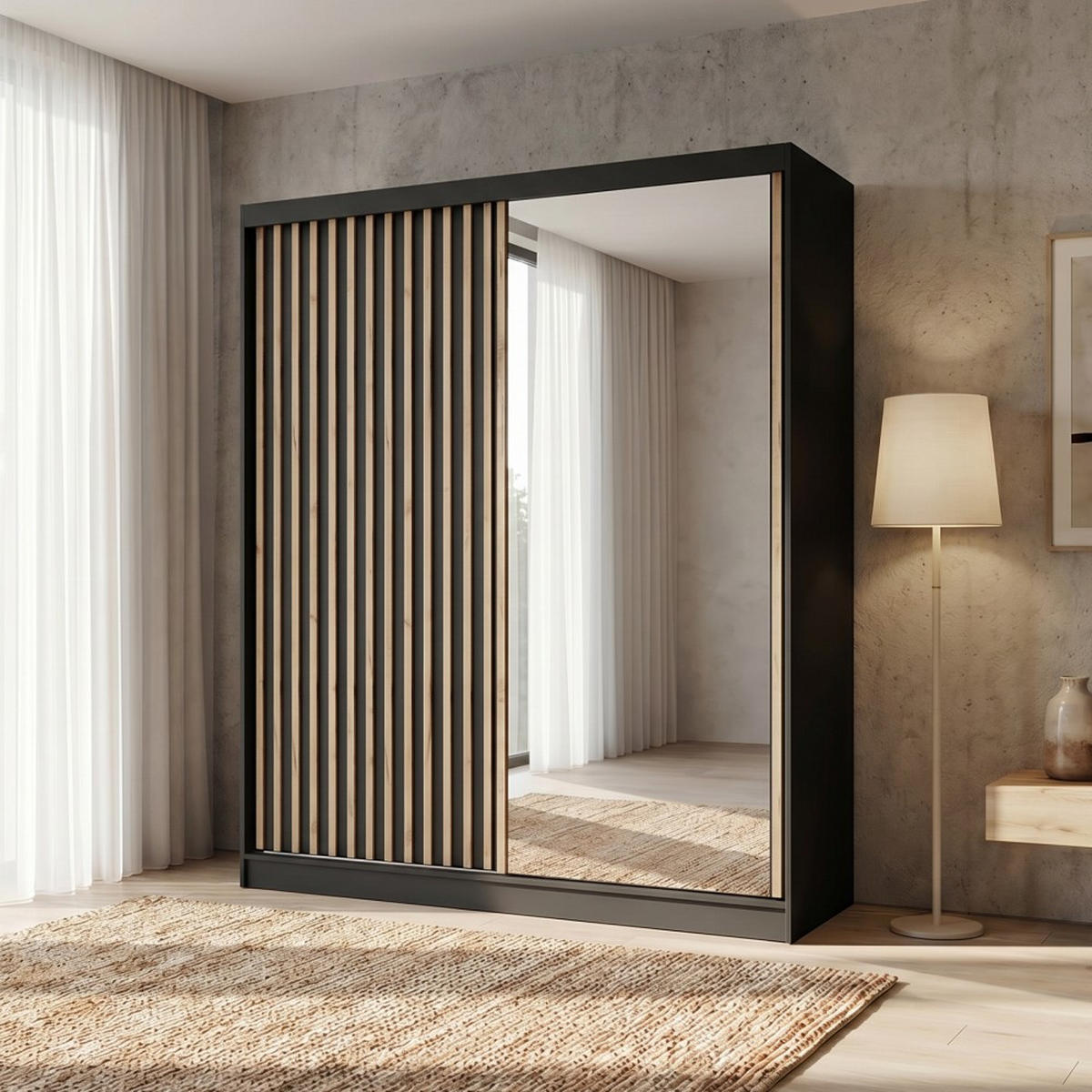 SCHWEBETÜRENSCHRANK Donatello 180/205/60 2-türig schwarz mit Spiegel - Schwarz, Holzwerkstoff (180/205/60cm) - Beautysofa