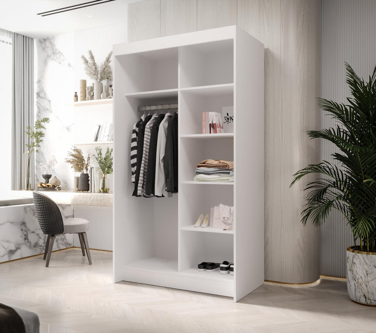 SCHIEBETÜRENSCHRANK BORA, 2-türig Kleiderschrank, Moderne Garderobe, Schrank in Größe: 100 x 216 x 60 cm - Weiß, Holzwerkstoff (100/216/60cm) - O-Sofa