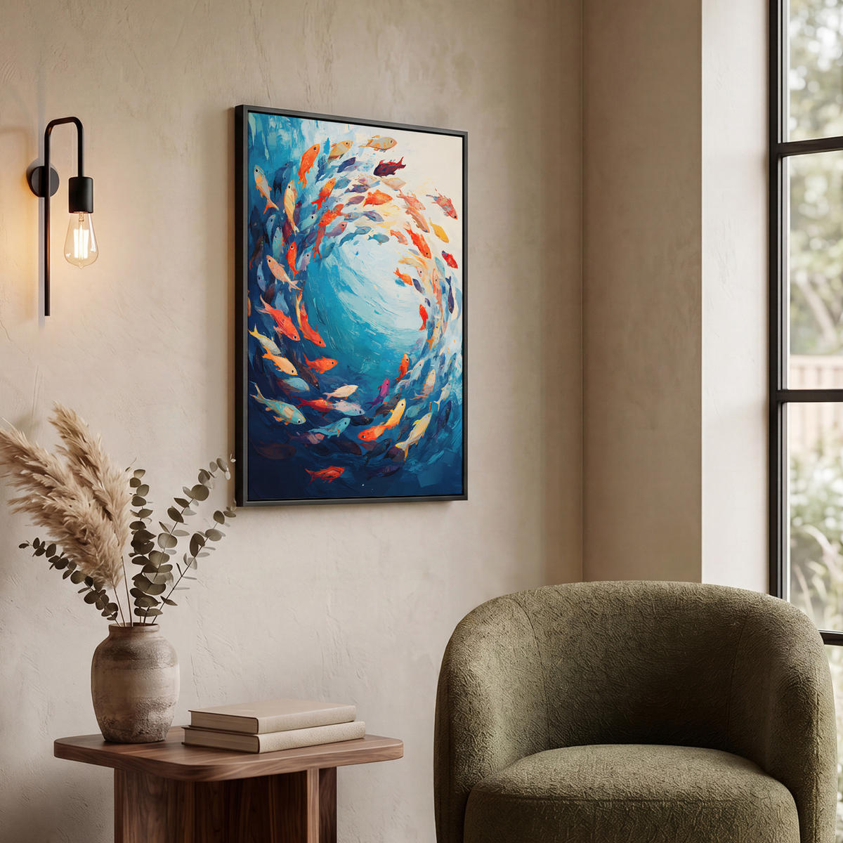 LEINWAND Bilder mit Rahmen - Meer - Fische - Bunt - Dynamisch - 50x70 - Hellblau, Textil (50/70cm) - MuchoWow