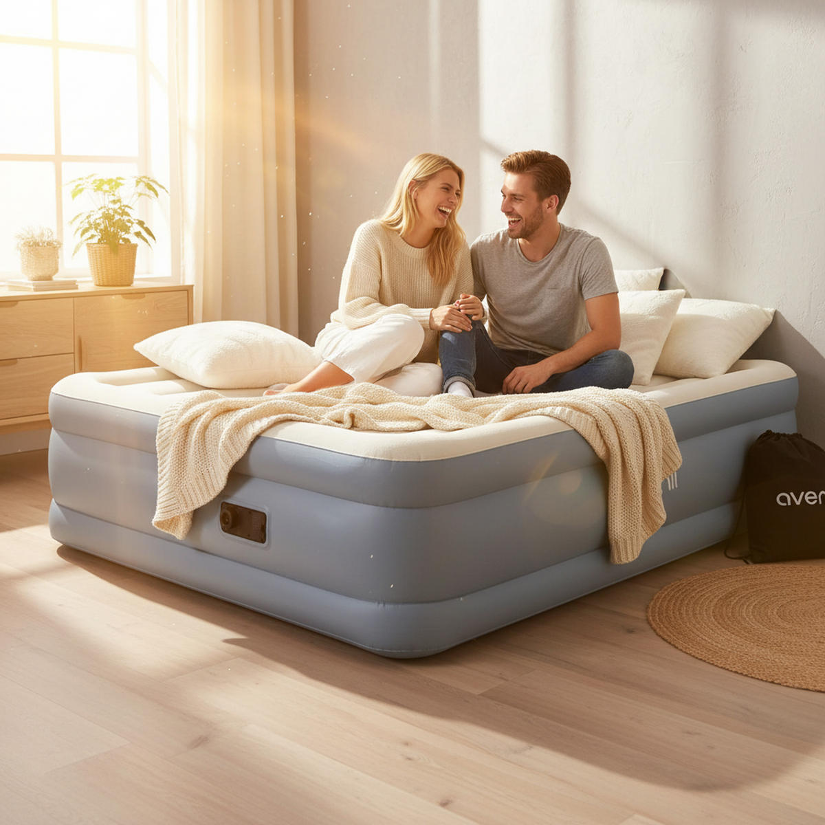 LUFTBETT Luftbett 203 x 152 x 46 cm mit eingebauter Pumpe - Hellblau, Kunststoff (152/203cm) - Avenli
