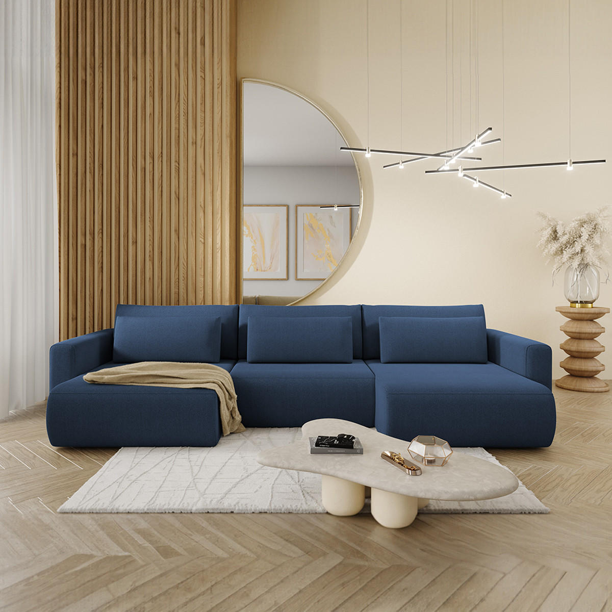 PANORAMASOFA Evy 4 Sitzplätze Blau - Blau, Holz (340/82/149cm) - Petits-meubles