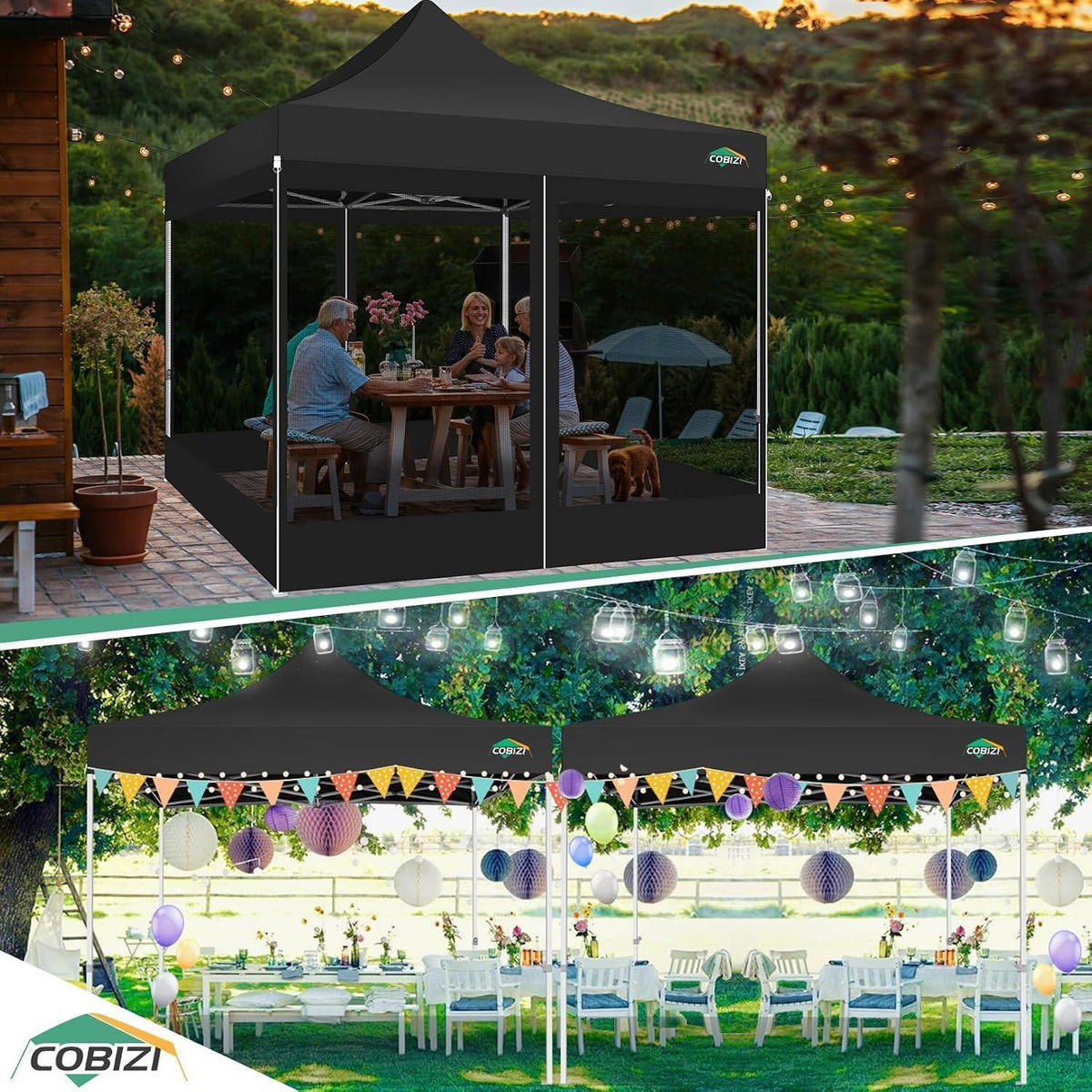 GARTENPAVILLON 3x3m Wasserdicht mit Netz-Seitenwänden Schwarz - Schwarz, Textil (300/335/300cm)