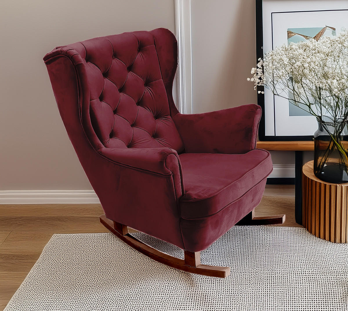 SCHAUKELSESSEL mit gepolstertem Sitz und Armlehnen, 102x81x95 cm, Burgunderrot_29835 - Bordeaux/Braun, Holz/Textil (81/102/95cm) - DomoHome