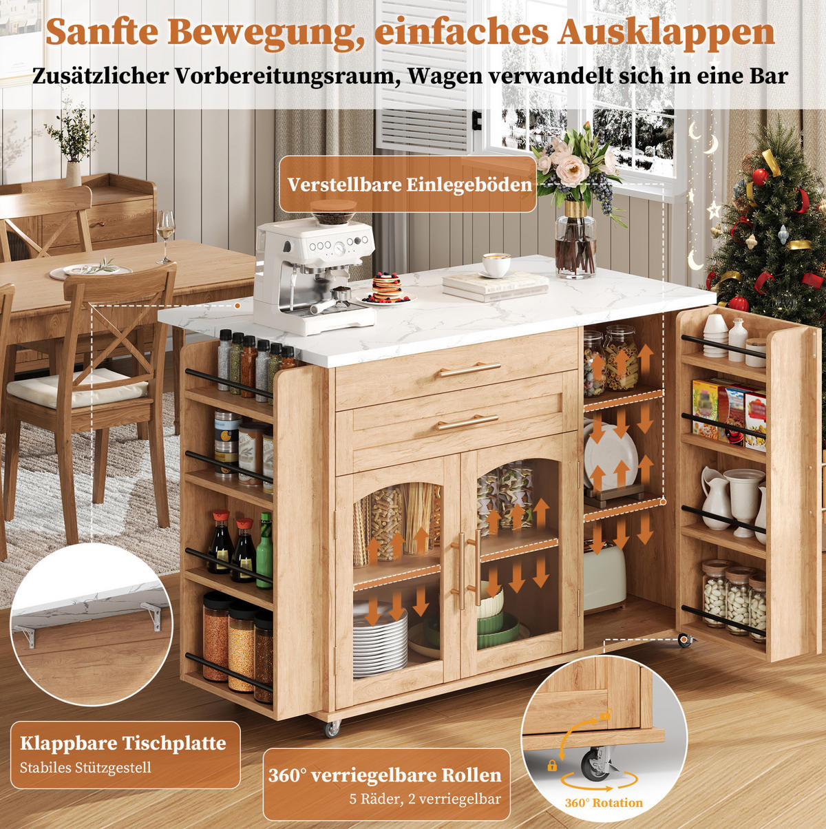 KÜCHENINSEL 138/70/90 cm mit klappbarer Arbeitsplatte, Glastüren und 5 Rollen aus MDF, Natur - Naturfarben, Holzwerkstoff (138/90/70cm) - Redom