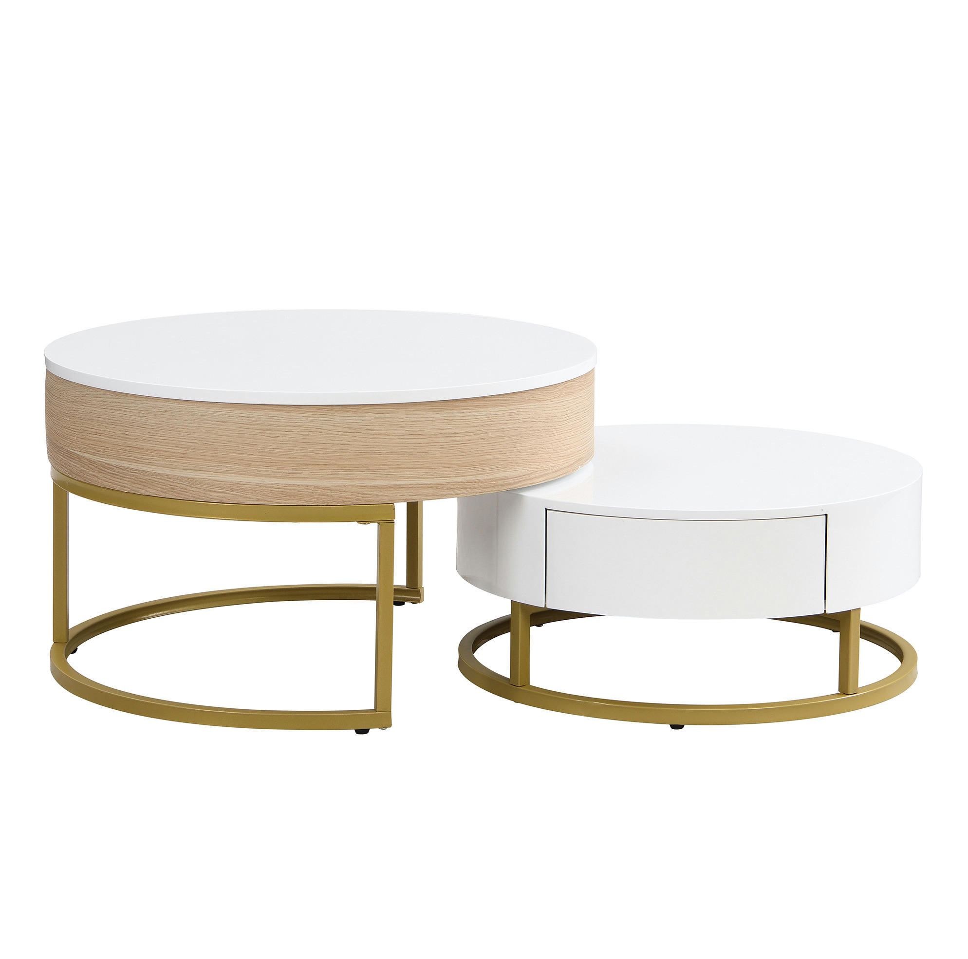 COUCHTISCH-SET 70/70/56 und 60/60/27 cm in Weiß mit Holzoptik, höhenverstellbar - Weiß, Holzwerkstoff (70/70/56.5cm) - Flora Grace