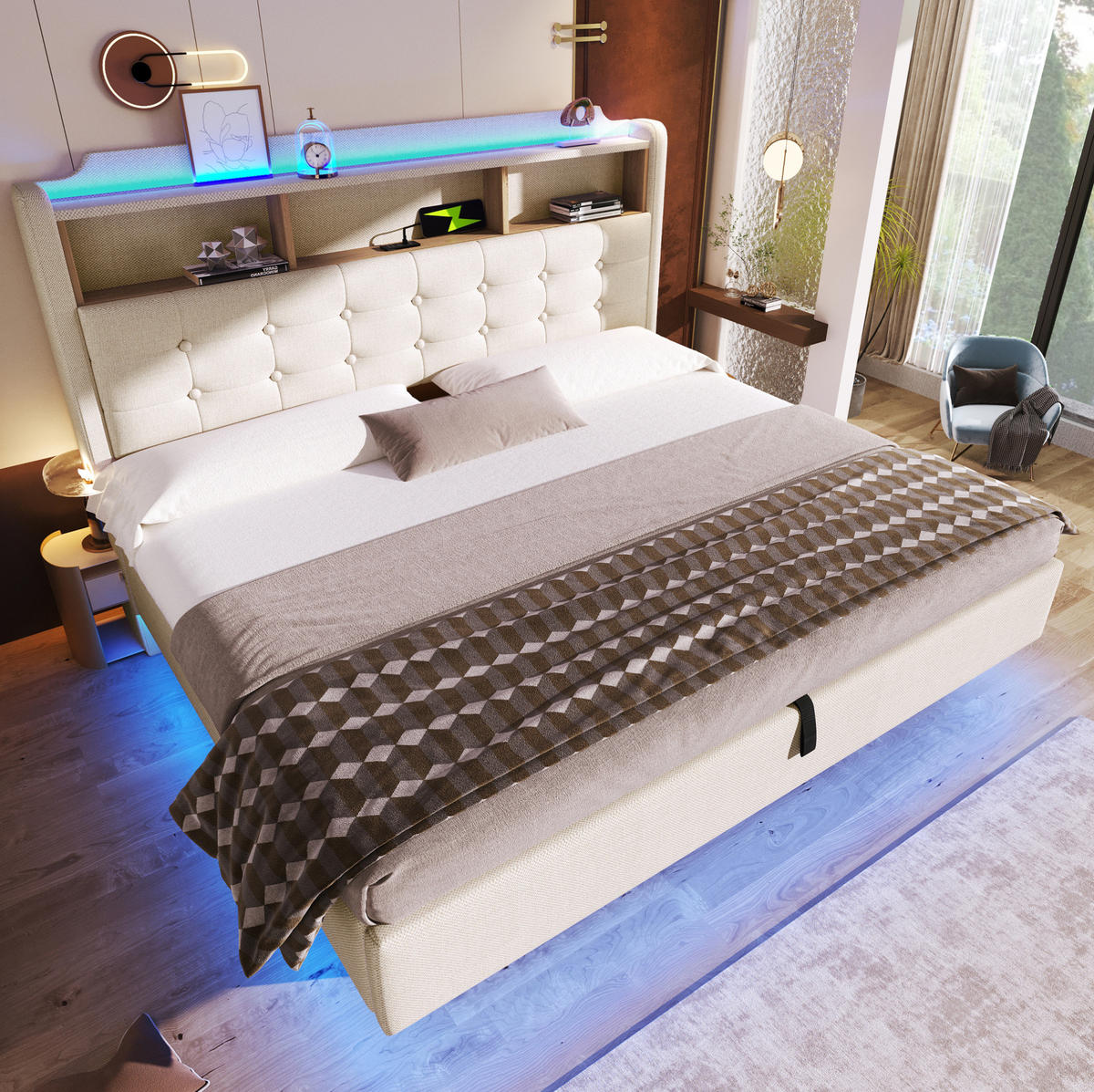 POLSTERBETT 180x200 cm in Beige mit LED, hydraulischem Stauraum und USB-C - Beige, Textil (180/200cm) - IVMEU