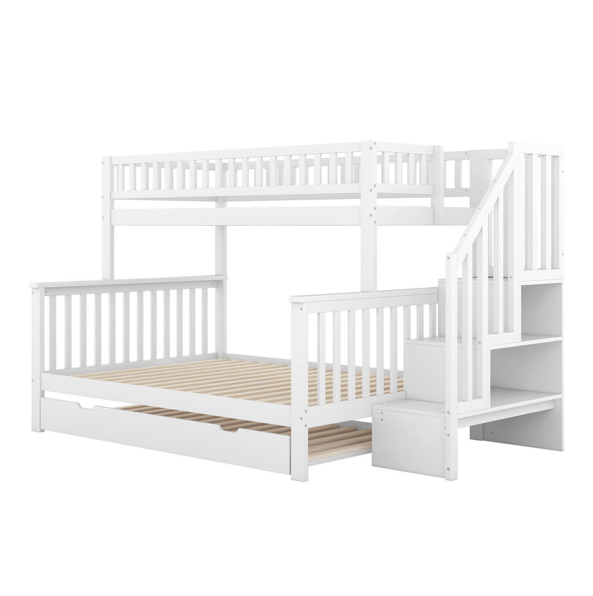 ETAGENBETT 90/200 und 140/200 cm mit Rollbett, Treppe mit Stauraum und Lattenrost, Kiefer, Weiß - Weiß, Holzwerkstoff (90/200cm) - Redom