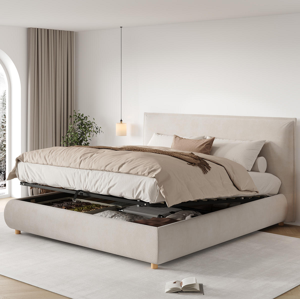 BETT mit hydraulischem Stauraum 180x200 cm Samt Cream - Beige, Metall (180/200cm) - Meubliv
