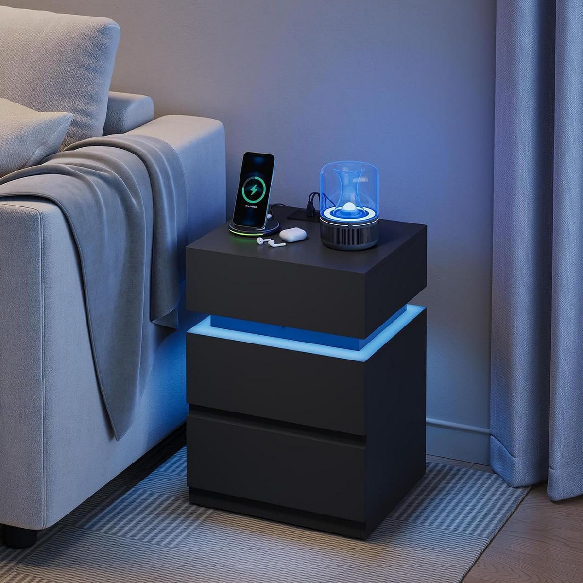 NACHTTISCH mit Ladefunktion und LED, Schwarz - Schwarz, Holzwerkstoff (40/55/35cm) - Woltu
