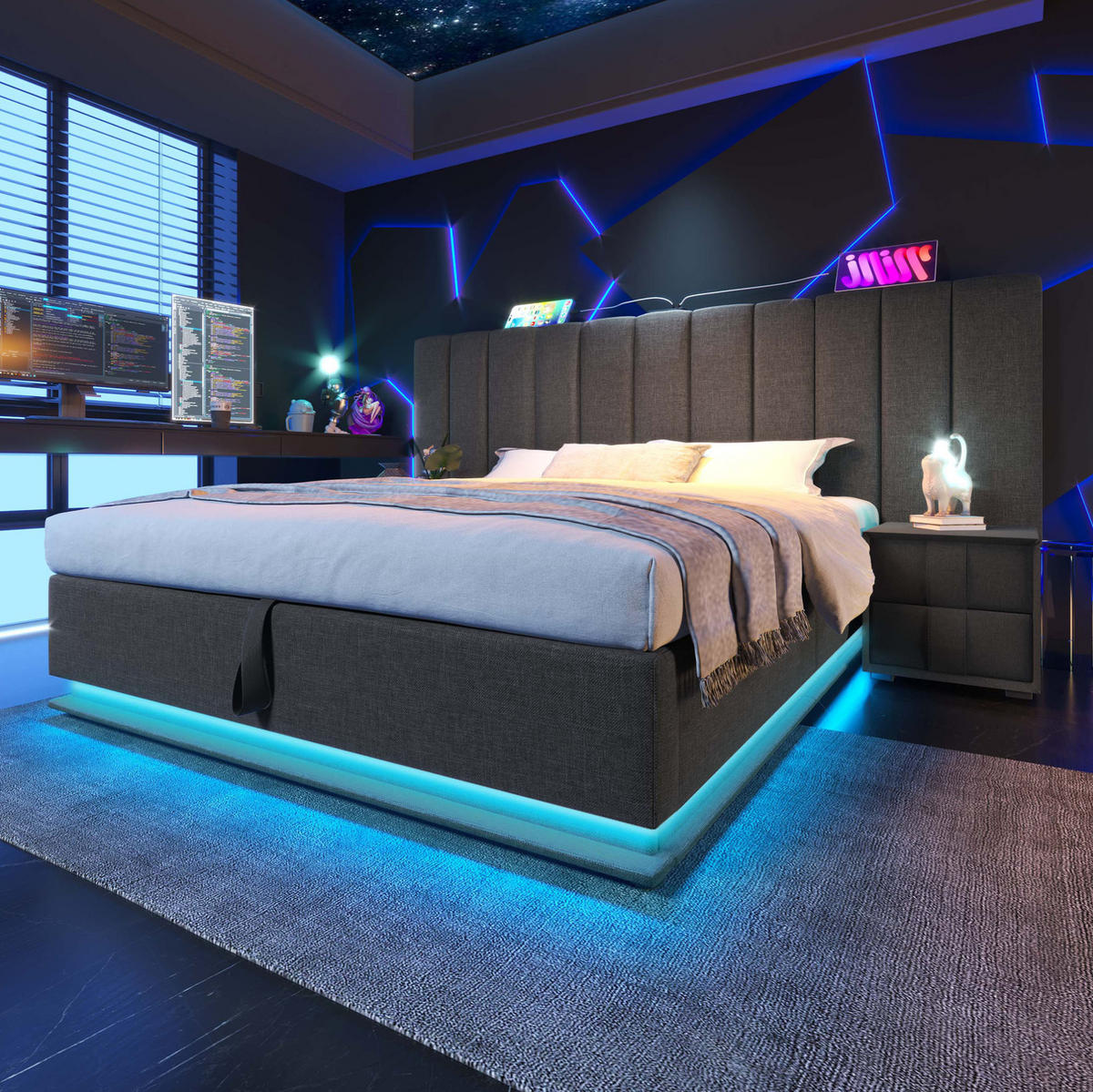 ČALOUNĚNÁ postel 160/200 cm, šedá, len s LED osvětlením a USB-C nabíjením - šedá, textil (160/200cm) - BEAOK