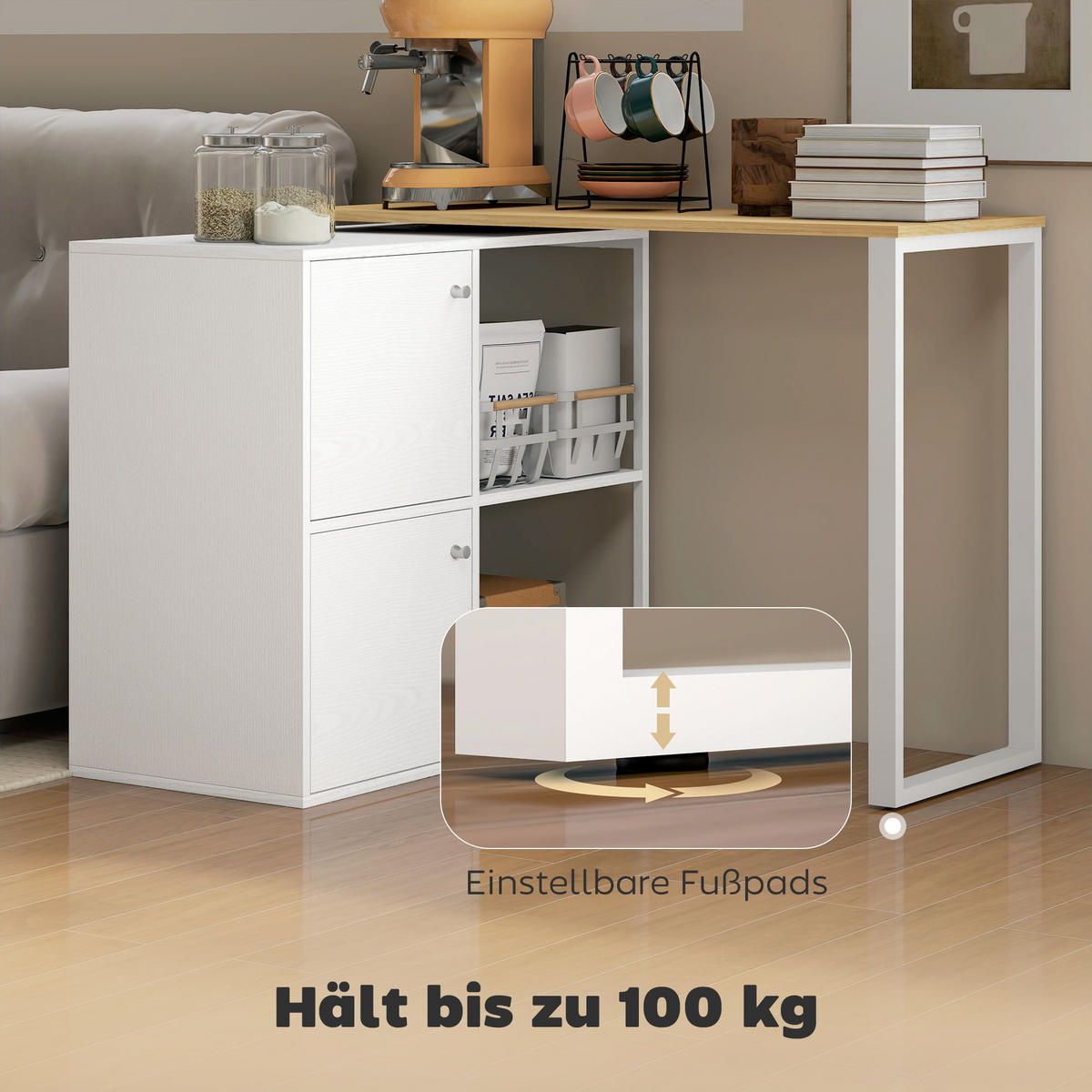 SCHREIBTISCH L-förmig 360° drehbar Eckschreibtisch mit Schränken Regalen Weiß - Silberfarben/Weiß, Holzwerkstoff/Metall (150/40/75cm) - HOMCOM