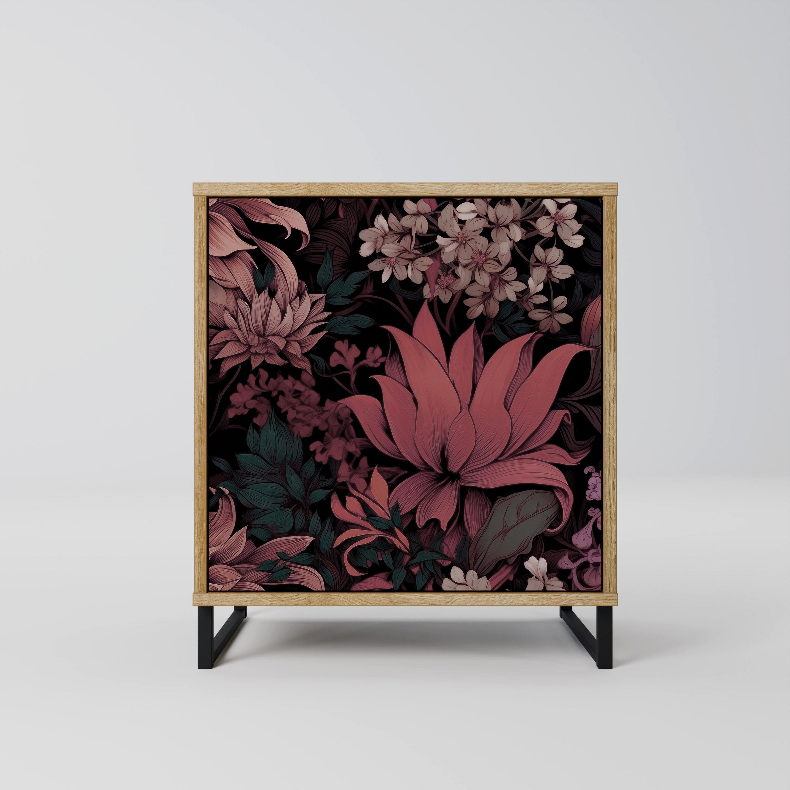 SIDEBOARD FLORAL WHISPER, Eichefarben, 57,5x42x67,5 cm, Schwarze Metall-Rahmenfüße - Eichefarben/Multicolor, Holzwerkstoff/Metall (57.5/67.5/42cm) - SpaceRebels