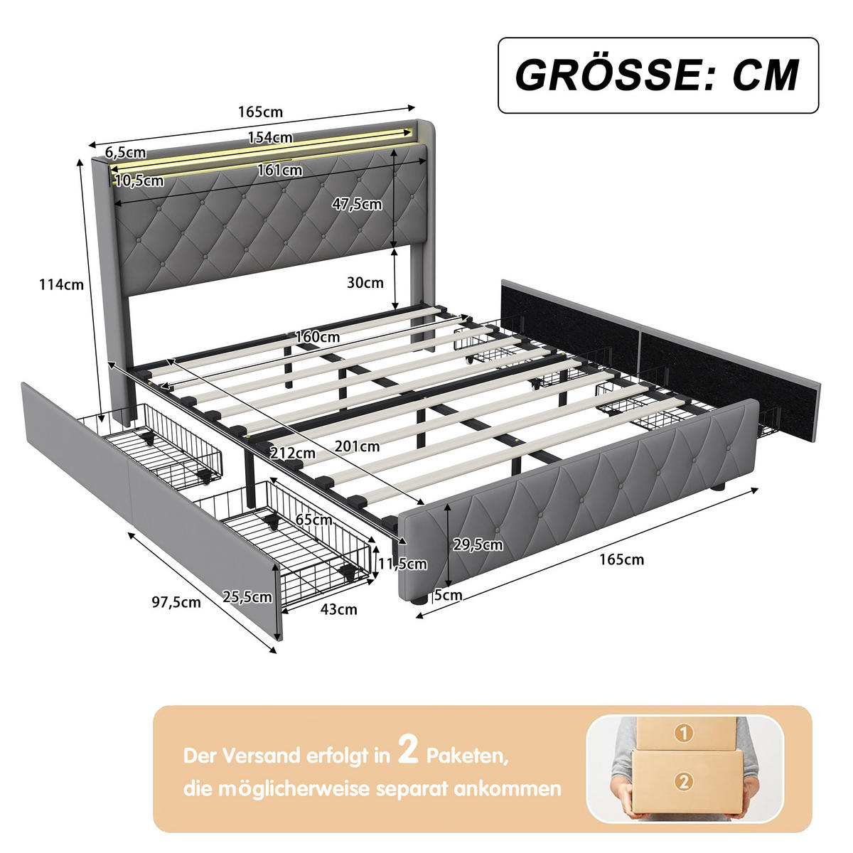 POLSTERBETT 160x200 cm mit 4 Schubladen, LED, USB & Type-C, Doppelbett Kopfteil und Lattenrost, Grau - Grau, Metall (160/200cm) - EuroLiving