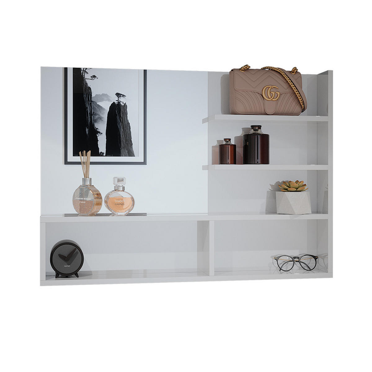 SPIEGELREGAL Weiß Hochglanz 89.8 x 65 cm mit offenen Fächern - Weiß Hochglanz, Holzwerkstoff (89.8/65/11cm) - Vicco