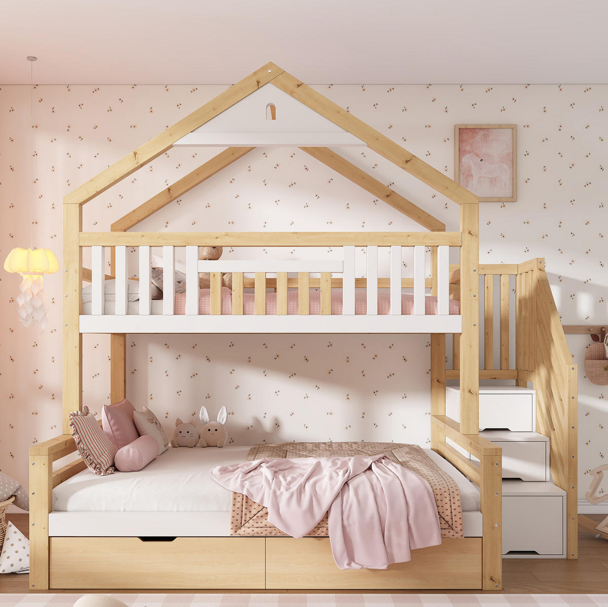 ETAGENBETT 90x200 & 140x200 cm in Weiß/Eiche mit Stauraumtreppe und Schubladen - Weiß, Holz (140/200cm) - IVMEU