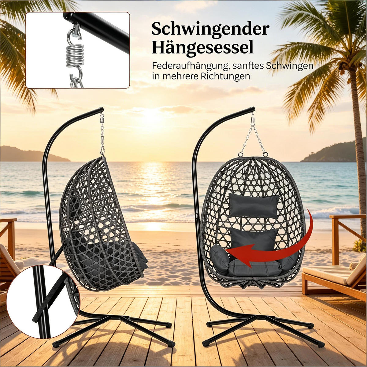 HÄNGESESSEL PE-Rattan höhenverstellbar, DE-42142, Dunkelgrau - Dunkelgrau, Metall (105/195/105cm) - ComfortXL