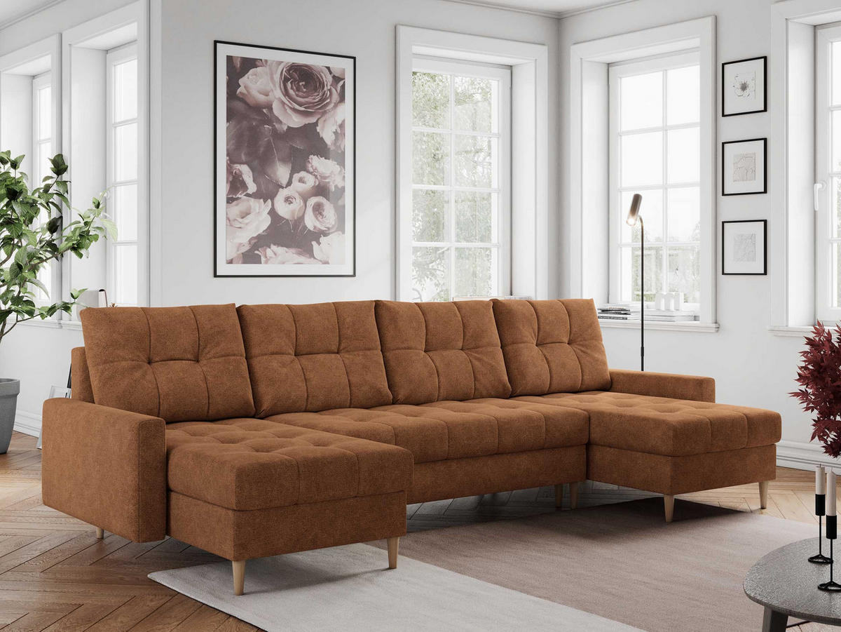 WOHNLANDSCHAFT Colin U Struktur Orange - Orange/Braun, Holz/Textil (290/75/140cm) - MKS