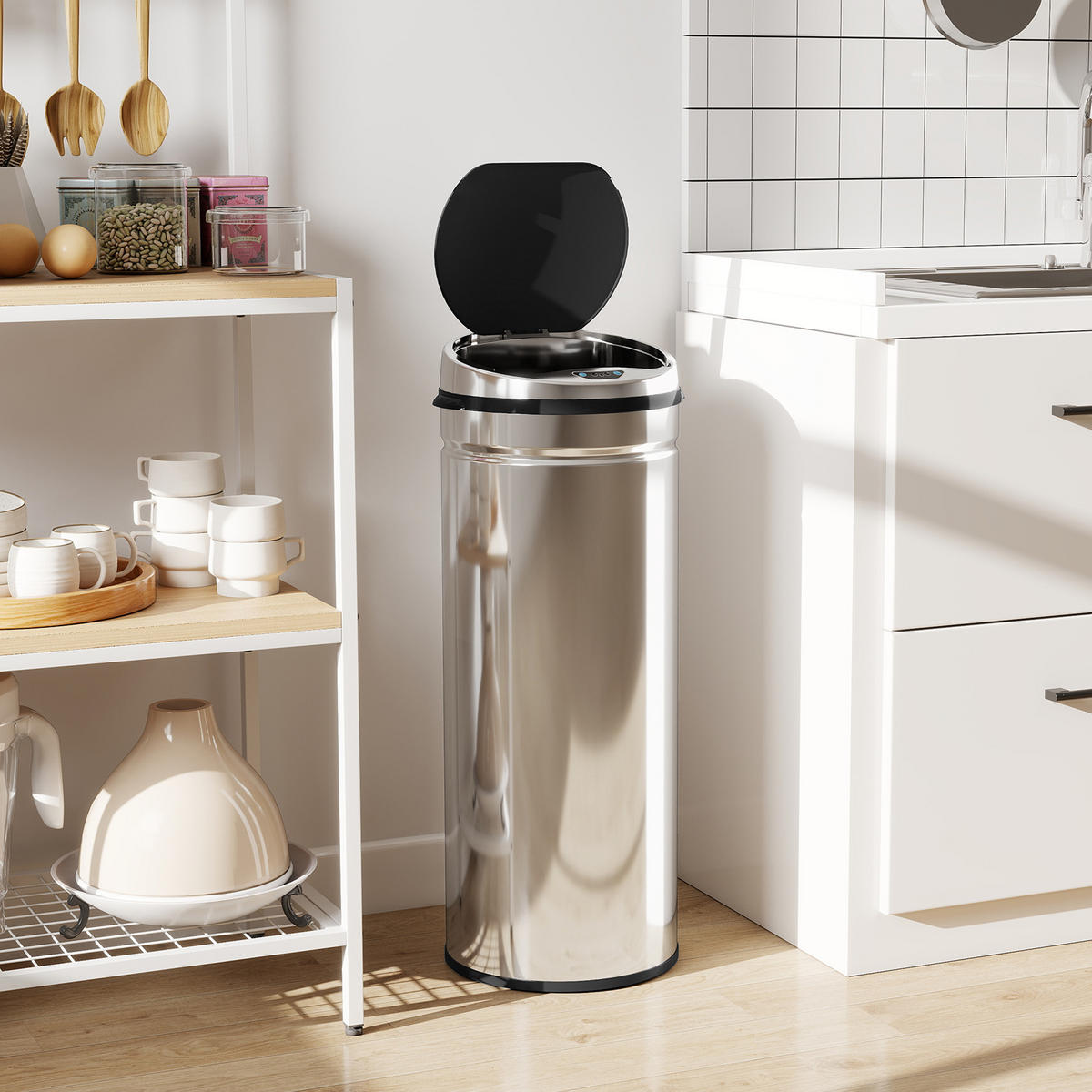 MÜLLEIMER SENSOR Infrarot Automatik Edelstahl Schwarz-Silber 30,5/30,5/81,5 cm - Silberfarben, Metall (30.5/81.5/30.5cm) - Rolipo