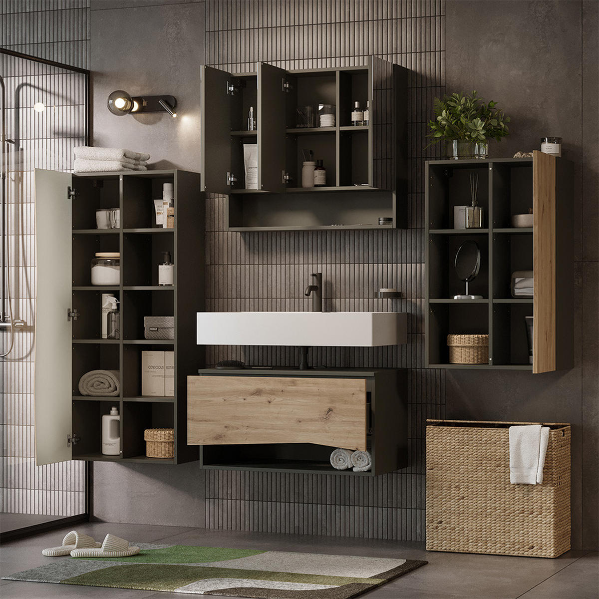 BADMÖBEL-SET Willow Artisan 4 Teile - Anthrazit/Hellgrau, Holzwerkstoff (80/42.8/43cm) - Vicco