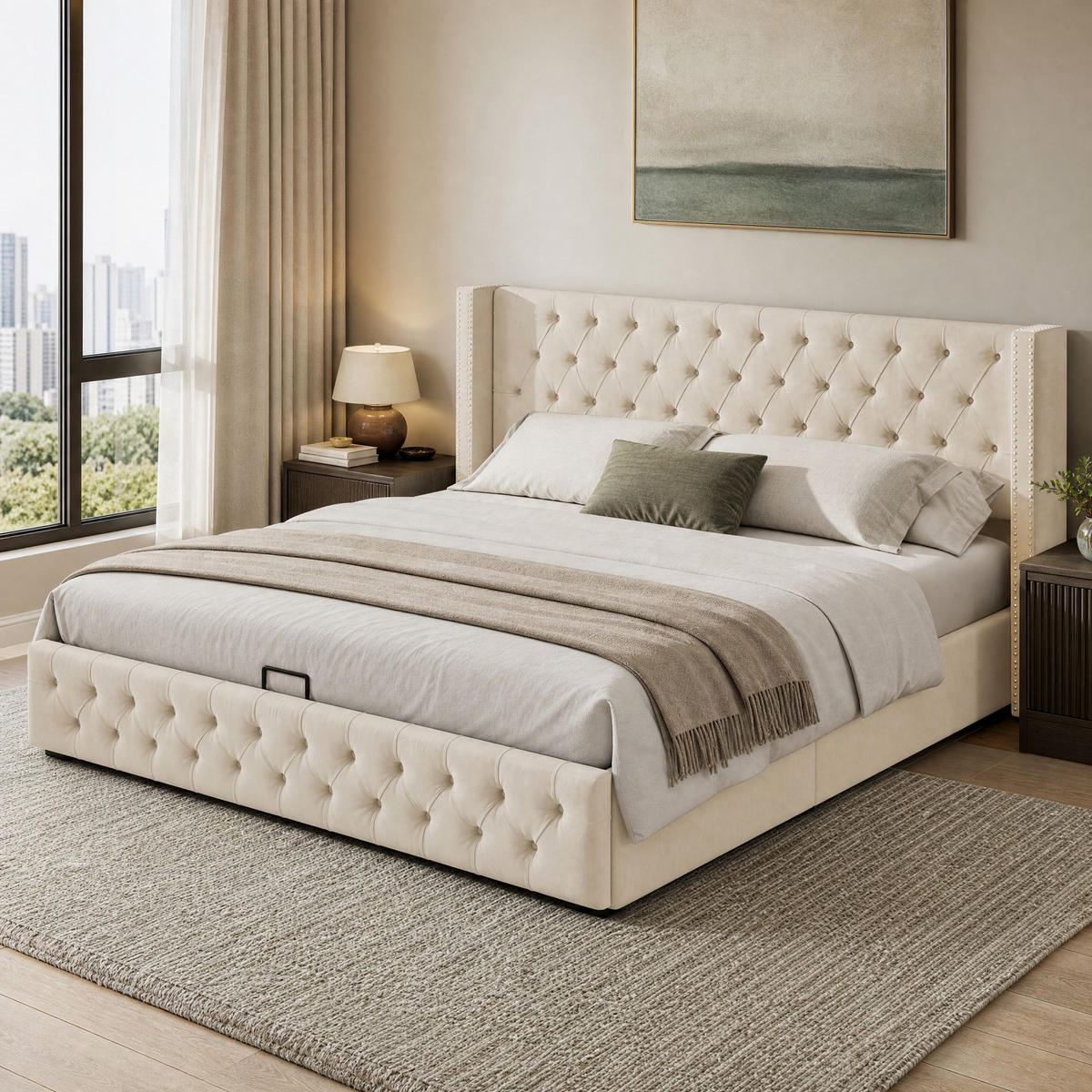 POLSTERBETT 140/200 cm in Beige Samt mit Bettkasten - Beige, Holzwerkstoff/Textil (140/200cm) - CHICFURN