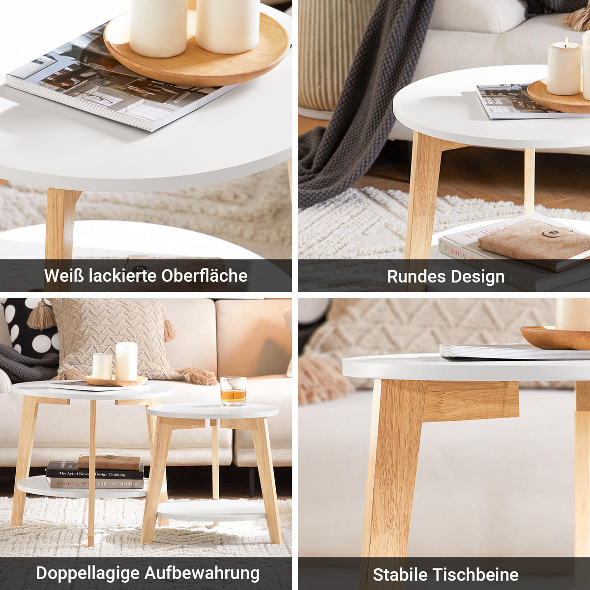 COUCHTISCH-SET 2 Tische, rund, Weiß, Ø50 und Ø40 cm, auch als Beistelltisch, Ablage unten, Holzbeine, Wohnzimmer & Schlafzimmer - Weiß, Holzwerkstoff (46/50/45cm) - SoBuy
