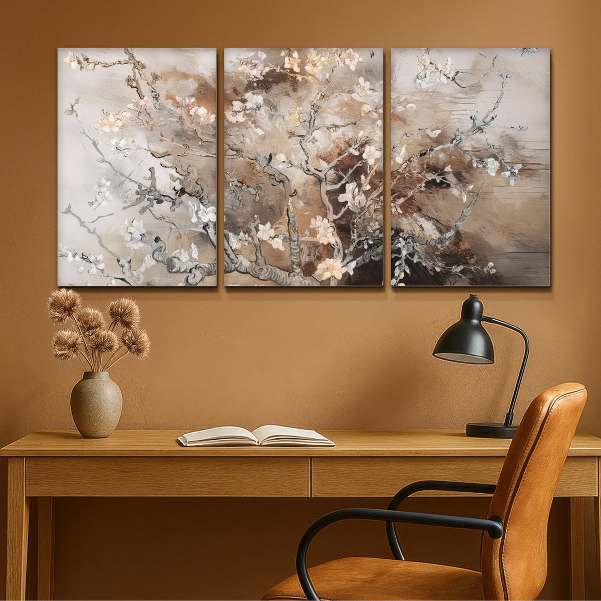 LEINWANDBILD 3er Set Mandelblüte - Abstrakt - Beige 120x60 cm - Beige, Textil (120/60cm) - MuchoWow