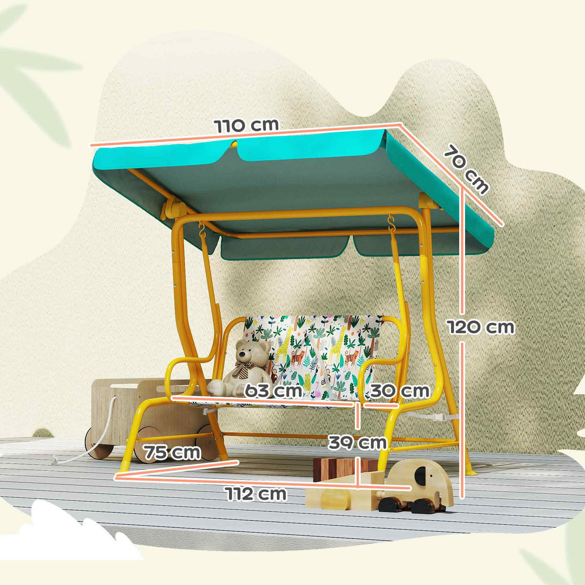 KINDER Hollywoodschaukel, 2-Sitzer Kinderschaukel mit verstellbarem Sonnendach - Gelb/Grün, Textil/Metall (75/120/112cm) - AIYAPLAY