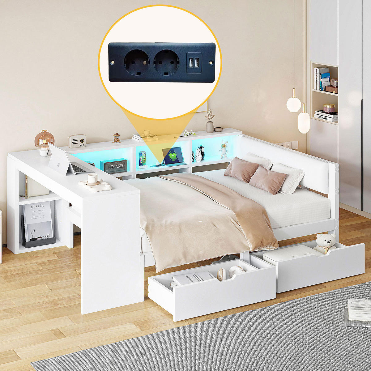 POLSTERBETT aus MDF und Sperrholz 140x200 cm Weiß mit USB-Ladestation, Schubladen, Ablagen und LED-Beleuchtung - Weiß, Holzwerkstoff (140/200cm) - Modfu