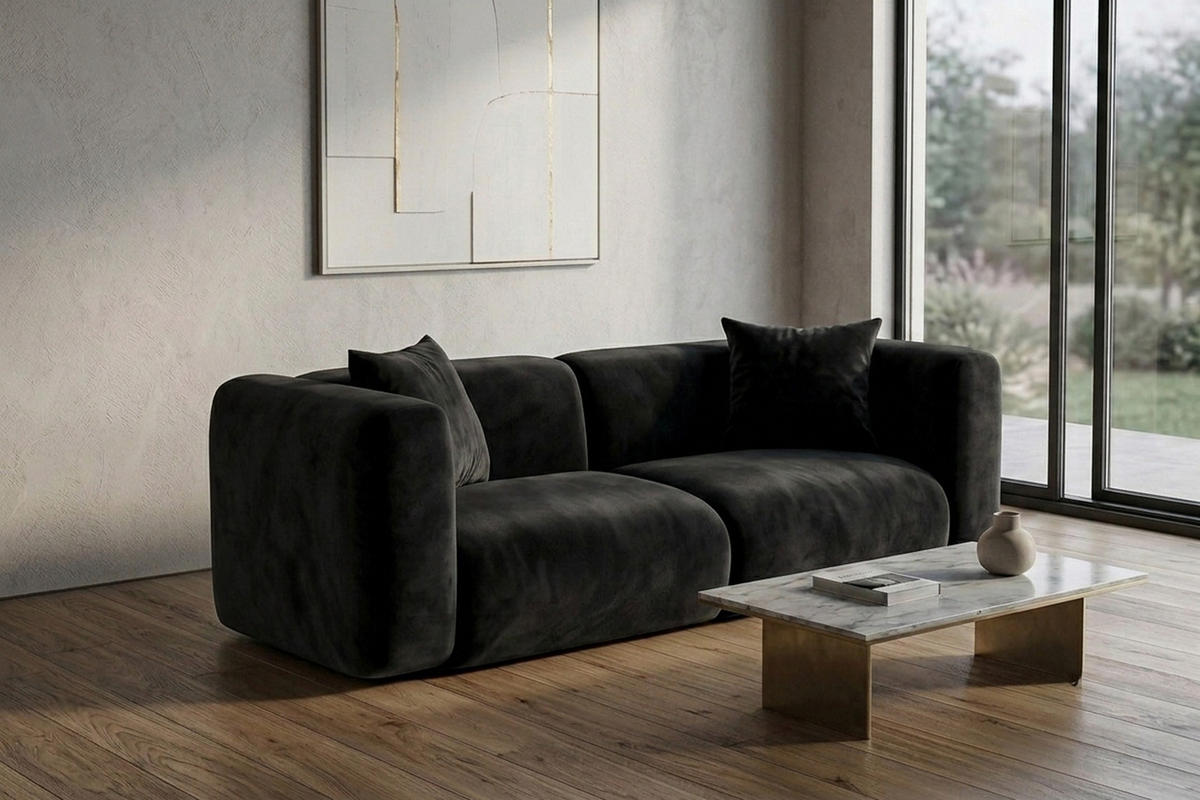 SOFA 2-Sitzer, Velvet-Stoff Bluvel, Schwarz, GRETA - Schwarz, Holz (228/70/89cm) - Kaiser Möbel