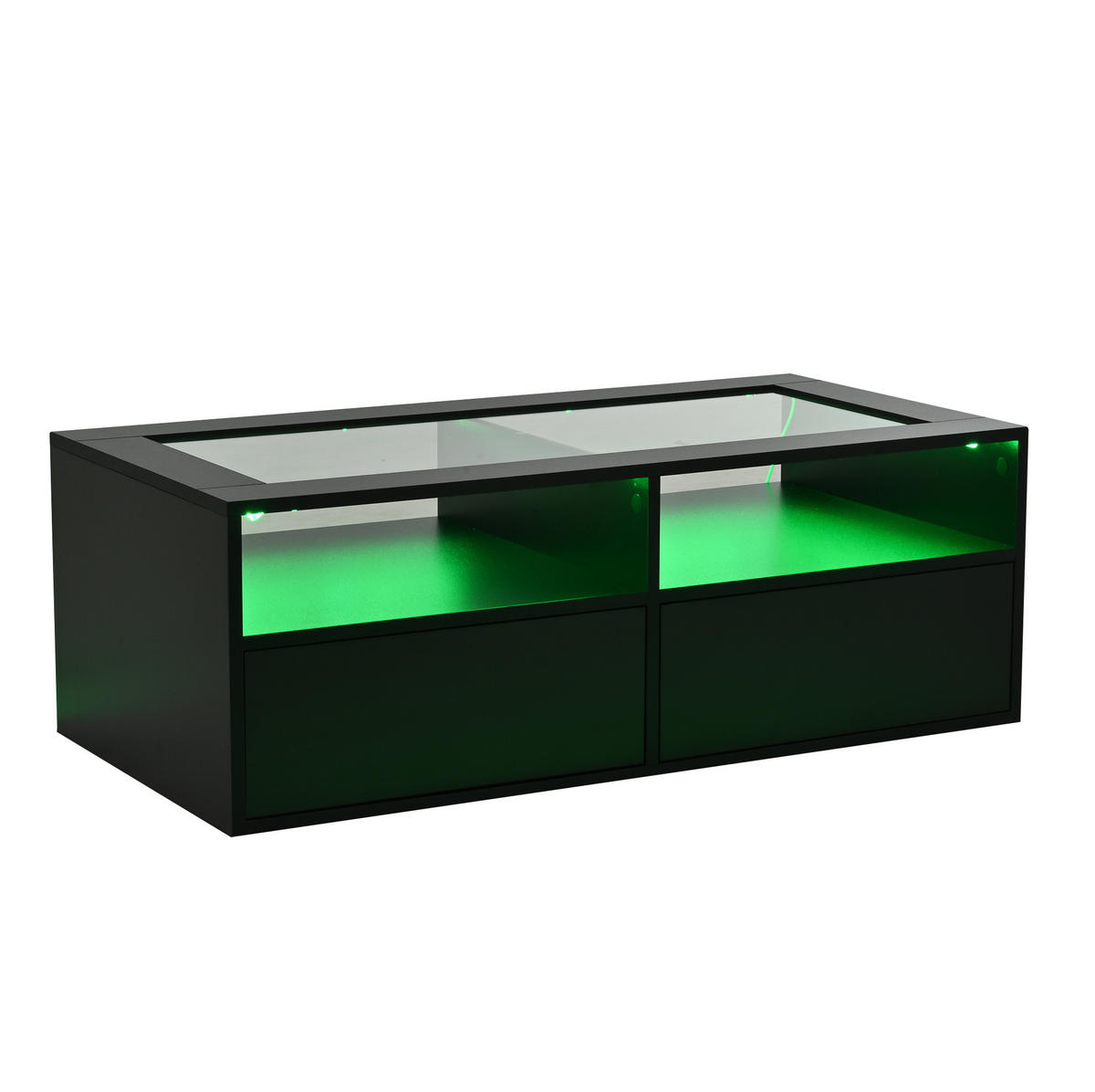 KONFERENČNÍ stolek se sklem a LED, 100/50/35 cm černý, se 2 zásuvkami - černá, sklo (100/50/35cm) - BEAOK