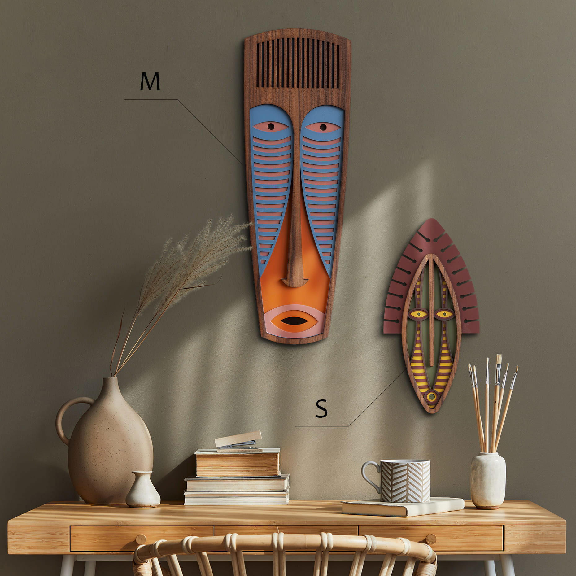 WANDDEKO MASKE Grün Braun 24x48cm - Braun/Grün, Holzwerkstoff/Kunststoff (24/48/1cm) - KUNSTLOFT