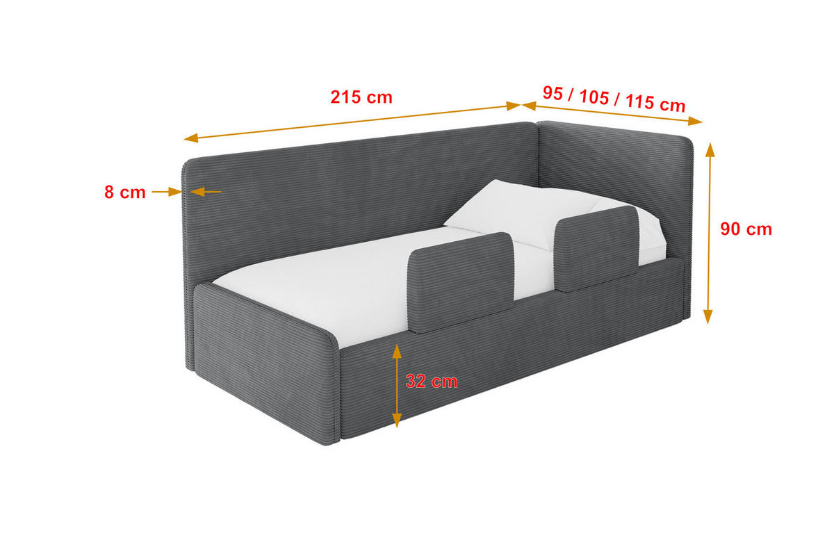 EINZELLBETT Jugendbett mit Bettkasten, Links - NORY 80x200 Dunkelgrau - Graphitfarben, Holzwerkstoff/Textil (80/200cm) - ALTDECOR
