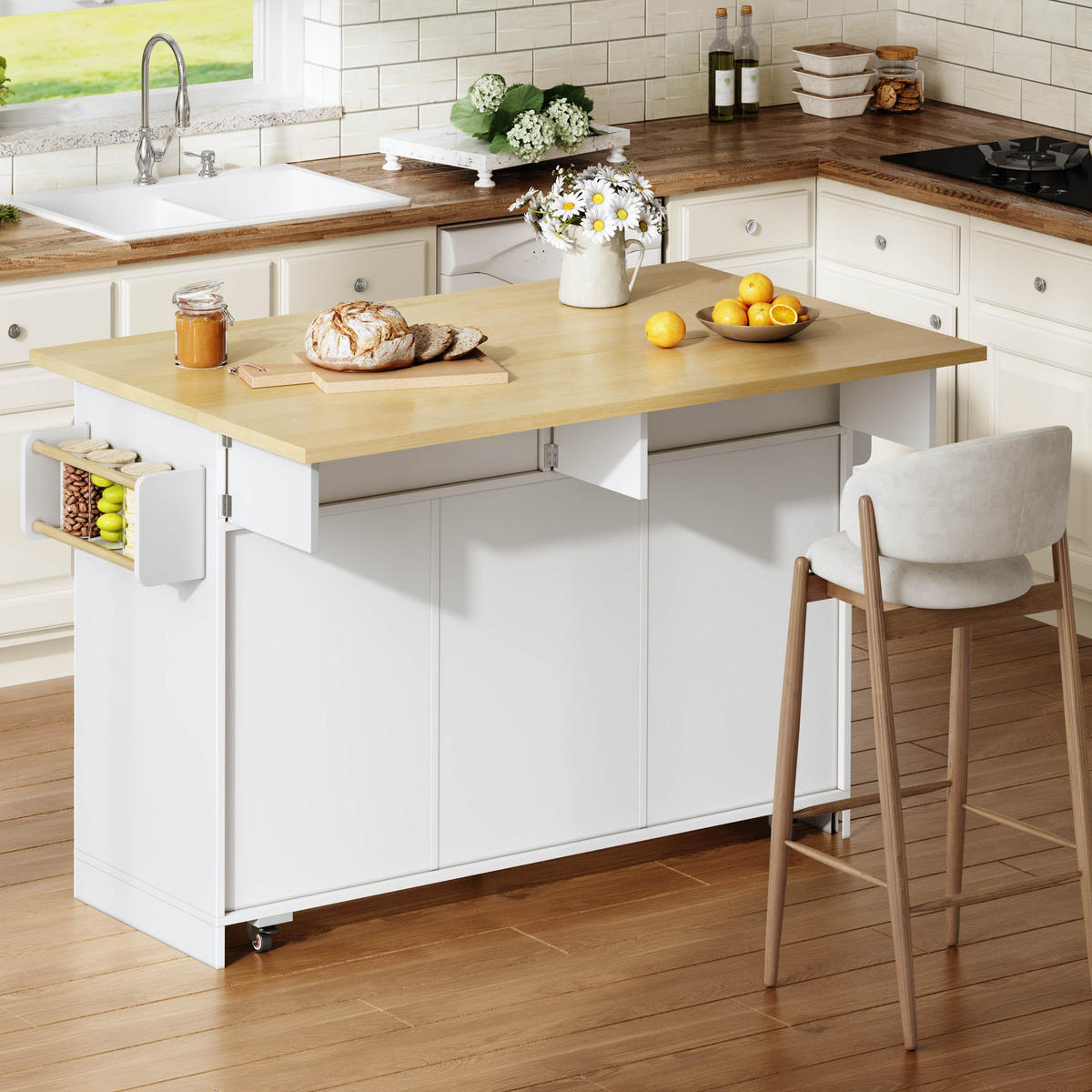KÜCHENINSEL 120 cm FSC MDF Natur Weiß mit Klappbarer Arbeitsplatte und Vertikalschubladen - Weiß, Holzwerkstoff (70/92/120cm) - Korfee